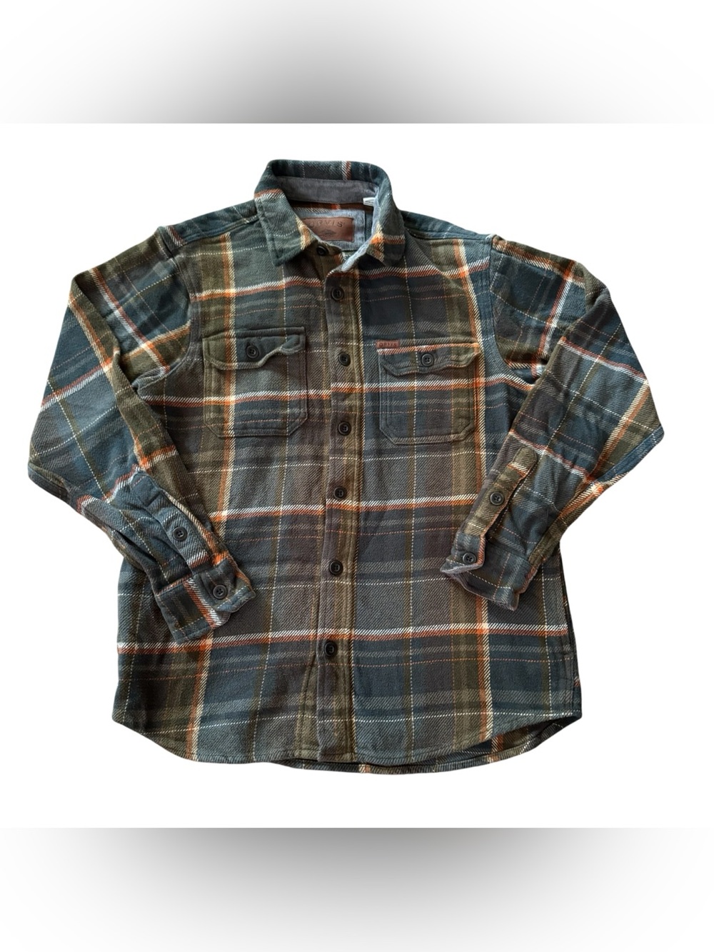 Orvis Mens Small Heavyweight Flannel Shirt Green Plaid Cotton Button Up Outdoor